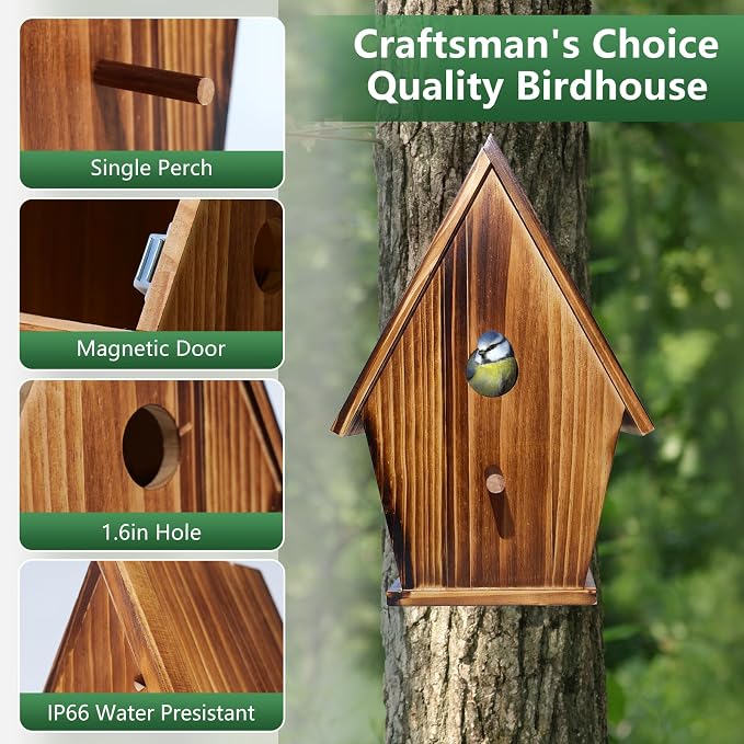 Solar Powered Smart Birdhouse with Camera, 1080P Bird Box with Night Vision for Outside, Auto Capture Bird Video, Motion Detection & 2.4G WiFi App for Bird Activity Monitoring