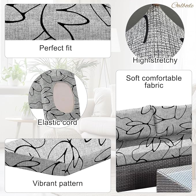 CALBODE 12PCS Waterproof Patio Sofa Covers with Elastic Floral Printed Stretch Outdoor Cushion Seat Covers Set of 12 Wicker Chair Washable Replacement(Grey,Cushions Not Included)