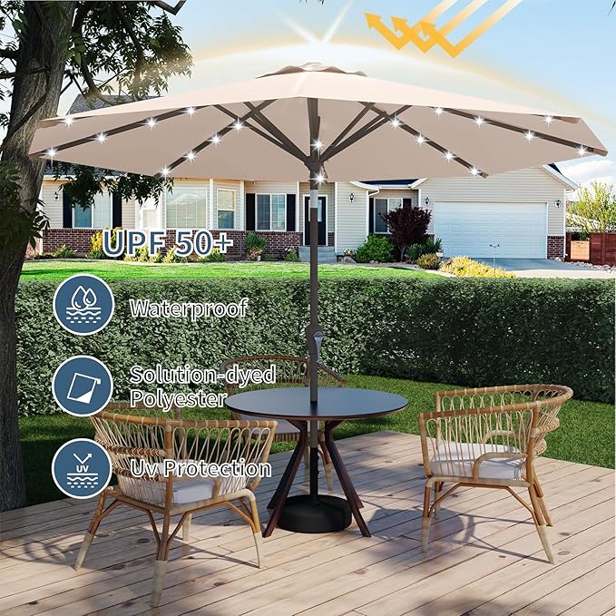 9FT Patio Umbrella with Solar Lights,Outdoor Market Umbrella with Tilt and Crank, LED Lighted Table Umbrella for Garden,Deck,Backyard,Pool,Beach