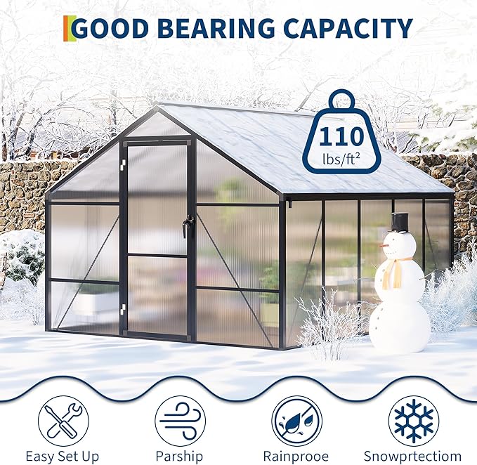 Garvee 8 x 10 ft Greenhouse, Greenhouses for Outside, Polycarbonate Greenhouse with Aluminum Frame, Lockable Door and Ajustable Roof Vent for Backyard, Green Houses for Outside Garden Backyard, Patio