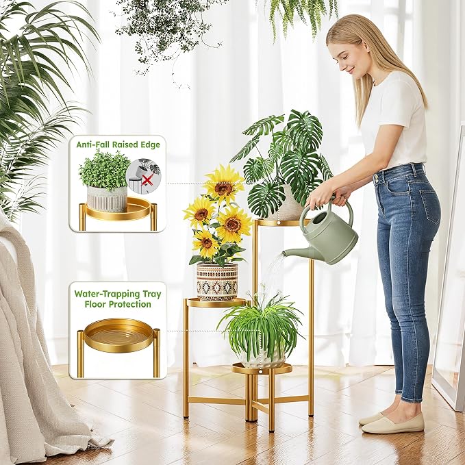 3 Tiered Plant Stand Indoor for Multiple Large Planter, Tall Heavy Duty Adjustable Folding Rack with Rustproof 7.9 Inch Wide Tray, Gold Plant Shelf for Corner Living Room - GoldDisk
