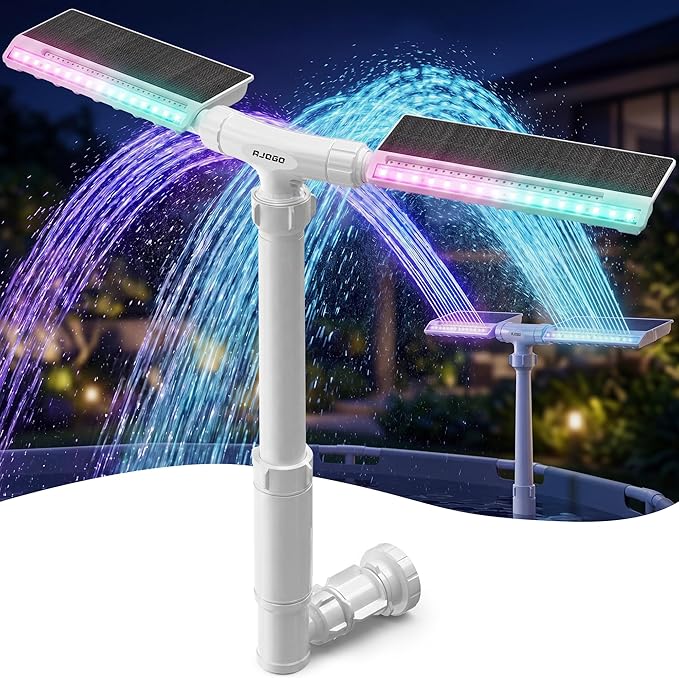 Solar Pool Fountain with Lights, Dual-Head Adjustable Spray & Timer, Remote Control, Auto Dusk Sensor, 10-Color LED Modes & 15°F Cooling Spray for Above & Inground Pools (White)