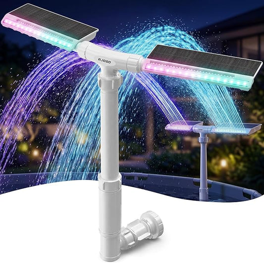 Solar Pool Fountain with Lights, Dual-Head Adjustable Spray & Timer, Remote Control, Auto Dusk Sensor, 10-Color LED Modes & 15°F Cooling Spray for Above & Inground Pools (White)
