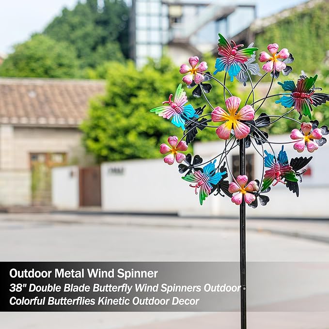 360° Butterfly Wind Spinners Outdoor Metal, Double-Layered Kinetic Wind Spinner with Stake, 38"×11.5", Wind Spinners for Yard and Garden (Butterfly)