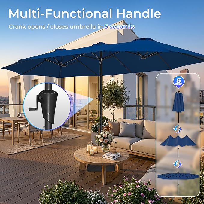 SUPERJARE 15FT Outdoor Patio Umbrella with Base Included, Double Sided Pool Umbrellas with Fade Resistant Canopy, Extra-Large Table Umbrella for Deck, Market, Backyard, Navy Blue