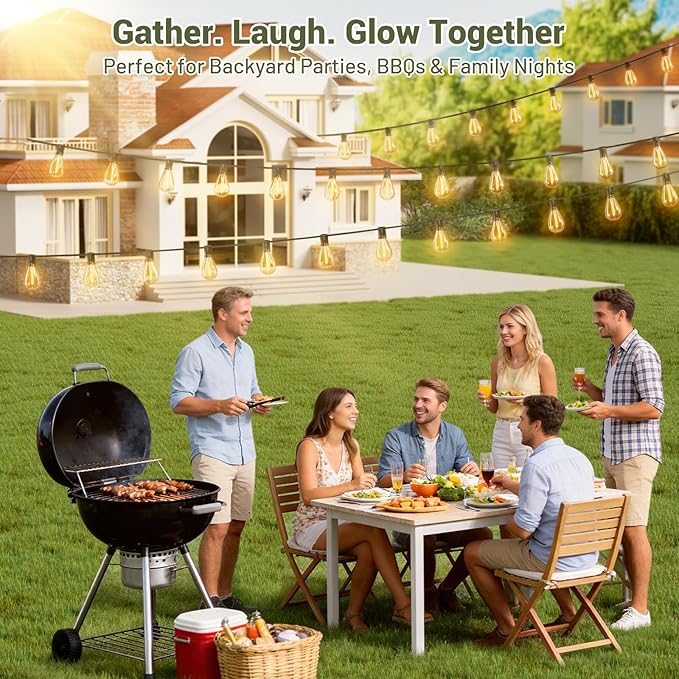 Solar String Lights Outdoor Waterproof, LED Shatterproof Bulbs Solar Powered with Remote & USB Port, 3 Light Modes Dimmable Patio Lights