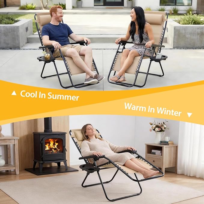 NEWBULIG Zero Gravity Chair Set of 2, Lounge Chair Folding Portable Adjustable Camping Reclining Chairs with Adjustable Pollow, Mesh Back, Cup Holder Trays Lawn Patio Chair for Pool Beach - Khaki