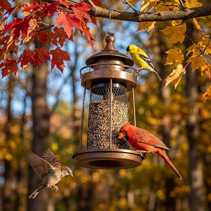 Lavezee Bird Feeder for Outdoors, Large Capacity Hanging Bird Feeders for Outside Wild Birds Hummingbird Parrot, Bronze