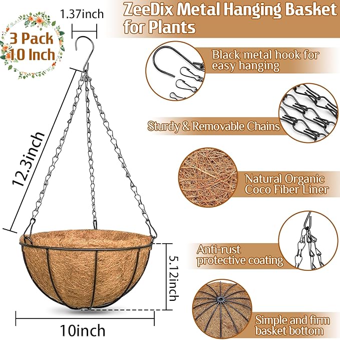 ZeeDix 3 Pack 10 Inch Metal Hanging Baskets, Round Wire Hanging Planters with Coconut Liners Replacement for Plants Flowers Outdoor Outside Deck Porch Garden Balcony Decoration
