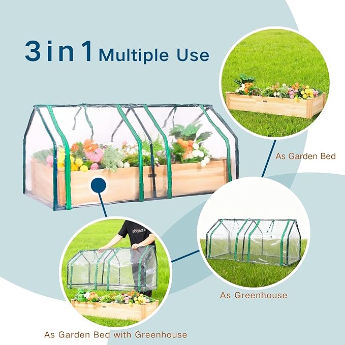 4x2ft Raised Garden Bed with Greenhouse Cover,Wooden Planter Box with Clear PVC Cover & Dual Roll-Up Windows,Outdoor Elevated Garden Box for Vegetables/Herbs/Flowers,Patio,Balcony,Backyard
