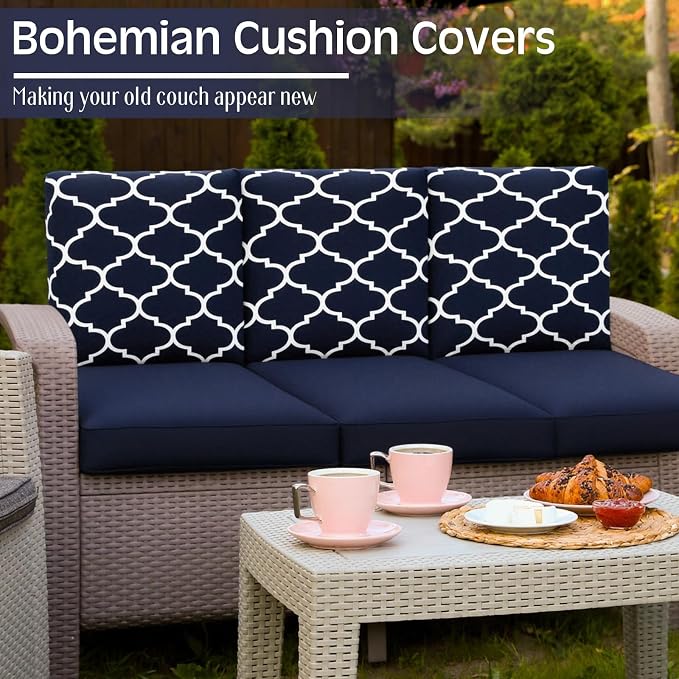 Newwiee 12 Pcs Patio Cushion Covers Outdoor Stretch Sofa Couch Cover Replacement Couch Slipcover Sofa Seat Chair Porch Patio Furniture Protector, Flexibility Washable(Navy Blue,Moroccan and Solid)