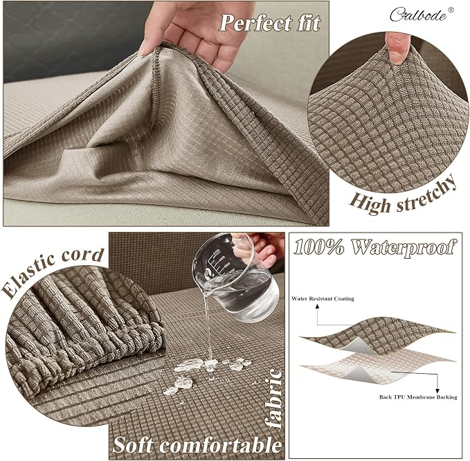 CALBODE 14Pcs Outdoor Stretch Cushion Covers,Waterproof Outdoor Chair Cushion Covers for Patio Furniture, Washable Jacquard Couch Covers Replacement for Patio Furniture(Khaki, Cover Only)