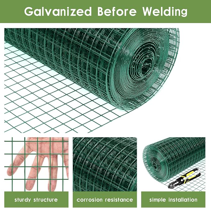 Tongmo 48" x 100' Green Chicken Wire Fencing, 19 Gauge Green Wire Fence, 1"x1" Mesh Size Metal Welded Wire Garden Fence Roll, Poultry Netting for Rabbit/Duck/Chicken