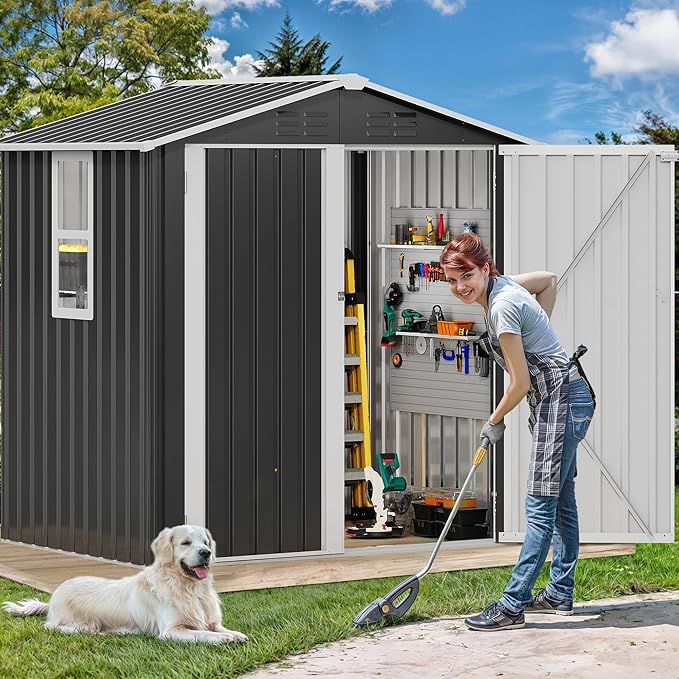 DWVO 6x4ft Large Tool Storage Shed with Window, Lockable Doors, and Sloped Roof, Oversized Steel Outdoor Storage Shed for Garden, Patio, Garage, Backyard, Lawn - Gray White