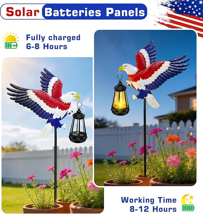 ZFNN 4th of July Decorations Outdoor Solar Lights, Solar Eagle Garden Lights with Lantern, Patriotic Eagle Stake Light for Yard Lawn Garden Patio, Patriotic Decor for Memorial Day Veterans Day 2 Pack