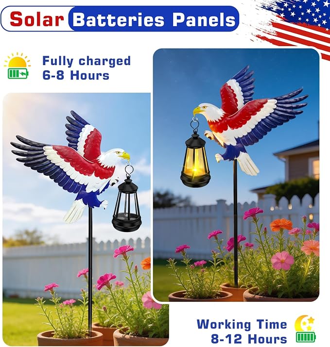 4th of July Decorations Outdoor Solar Lights, Solar Eagle Garden Lights with Lantern, Patriotic Eagle Stake Light for Yard Lawn Garden Patio, USA 250th Anniversary Decor for Memorial Day Veterans Day