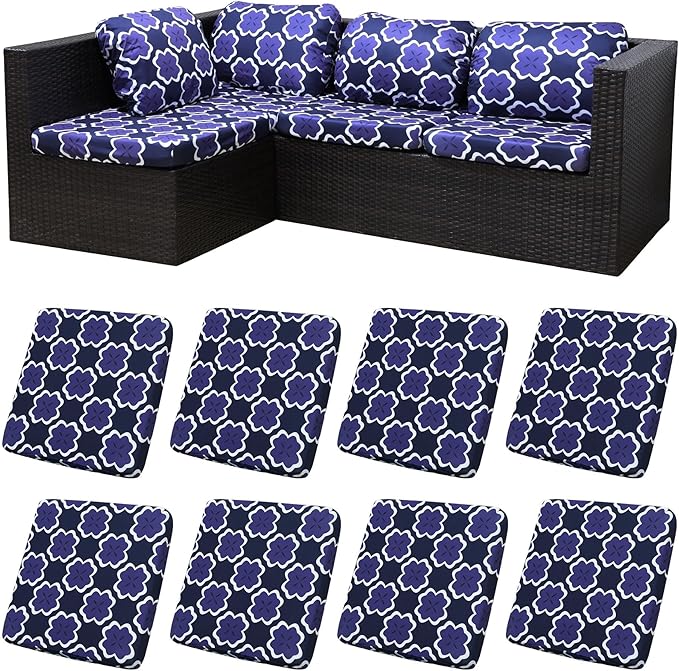 8Pcs Patio Cushion Covers,Outdoor Cushions Covers,Stretch Cushion Covers Replacement, Washable and Reusable Furniture Protectors(Navy Blue Geometric)