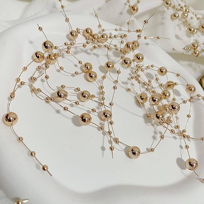 TeaSu 24Pcs Pearl String for Floating Candle Centerpieces, Pearl Vase Filler Decor for Wedding Centerpieces (Champagne Gold)