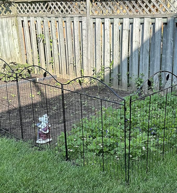 4 Pack 44" H 36" W (Linear Length 12 feet) Black Coated Heavy Duty Steel Decorative Garden Fence Each Panel with 2 Leaves, Heavy Duty Metal Patio Flower Animal Barrier Section Wire Border Fencing
