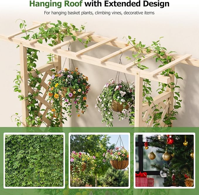 HAPPYGRILL Raised Garden Bed with Trellis & Hanging Roof, 45" Tall Wooden Planter Box with Drainage Holes, Outdoor Wood Elevated Garden Bed for Climbing Plants Vines Vegetables Flowers (Natural,2)