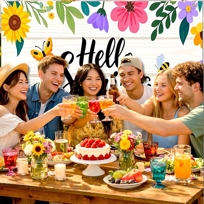 BlissYard Hello Spring Backdrop Decoration Floral Garden Banner 8x6ft Spring Photo Backdrop Flower Background for Spring Party Easter Celebration Photo Booth Kids Event Wall Display