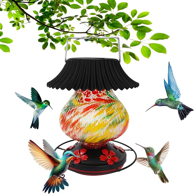 Solar Hummingbird Feeder-5 Feeding Ports with Perch, Hand Blown Glass Red Tree Sea Color Changing-Never Leak, Multicolor Night Lights – Perfect Hummingbird Feeder for Outdoors for Nature Enthusiasts
