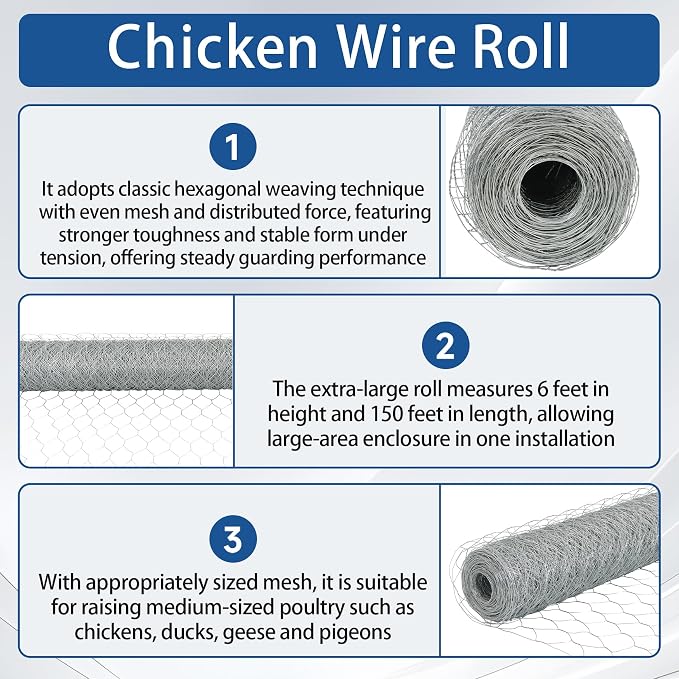 WFLNHB Hexagonal Chicken Wire Poultry Netting Galvanized Mesh Garden Fence Barrier Fence Mesh Roll 6Feet x 150Feet