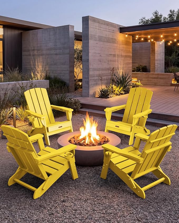 Folding Adirondack Chair, HDPE All-Weather Fire Pit Chairs, Plastic Adirondack Chairs with 2 Cup Holder, Outdoor Lawn Chair for Patio Garden (Yellow)