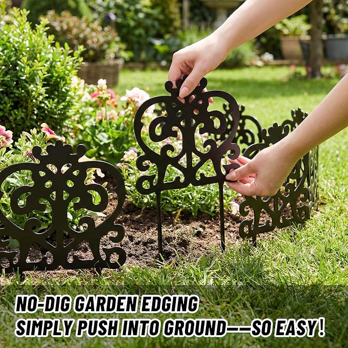 8 Pcs Iron Sheet Decorative Garden Border Edging, 11.4" x 7'' Small Metal Flower Bed Edging Landscape Border Mini Vintage Garden Fence for Outdoor Yard Patio Lawn (Rustic,Black)