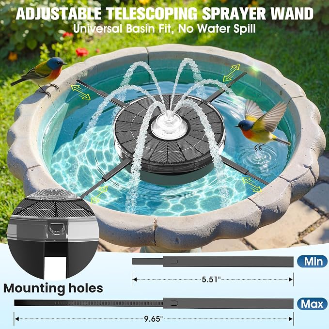 4000mAh Solar Fountain,2026 Solar Bird Bath Fountain Pump,3 Spray Solar Powered Water Fountain with lights,Floating Birdbath Fountain Kit,DIY Water Bird Bath Fountain for Outdoor,Garden-grey