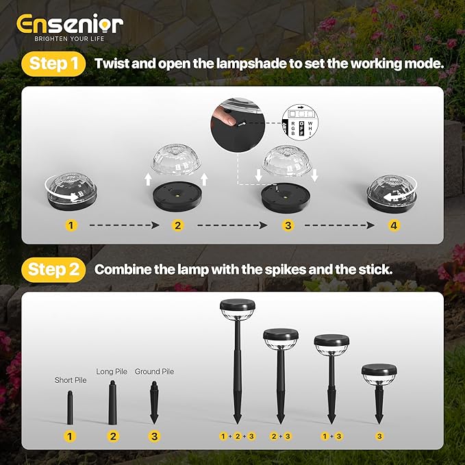 Ensenior Solar Pathway Lights IP65 Waterproof, RGB Color Changing & 6500K Cool White, 8-16Hr Runtime, Flower Pattern Garden Lights for Walkway Porch Yard - 6 Pack