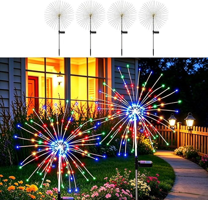 Solar Firework Lights for Outside,150 LED RGB Color Changing Firework LED Solar Fairy Light Twinkling Tree Outdoor for Garden Yard Landscape Wedding Christmas Party Decor Multicolor (4 Pack)