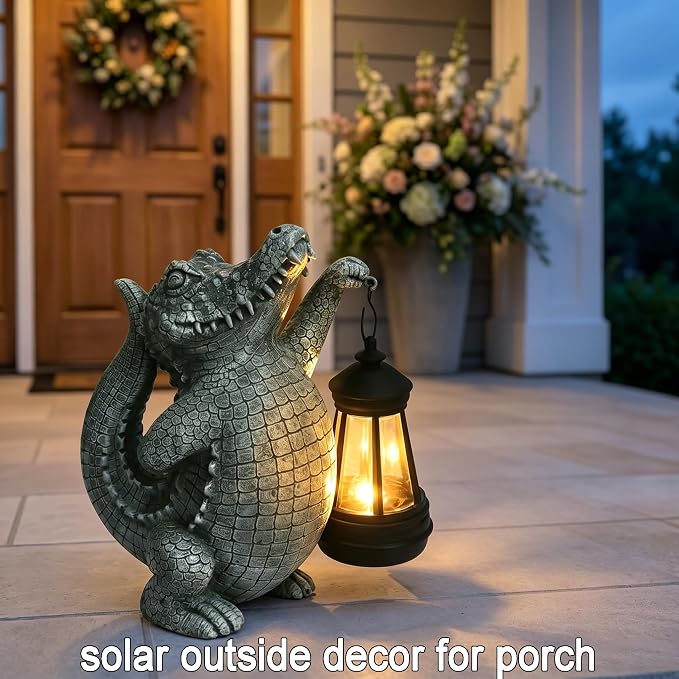 Alligator Solar Garden Decor Outdoor Statue, Crocodile Solar Garden Statues Yard Decorations with Lamp for Outdoor Decor, Unique Yard Art Lawn Sculpture Ornament for Front Porch Patio