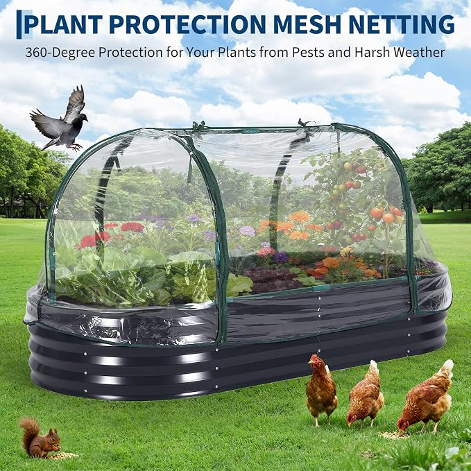 Garvee Large Oval Galvanized Raised Garden Bed Kit with Cover Zippered Screen Doors, Open Base Design, Thick Steel, Easy Assembly, Planter Box for Vegetables, Flowers