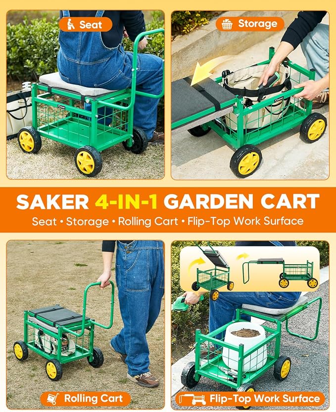 Saker Rolling Work Seat with Wheels - 15.7'' EVA Padded Stool, 400 lb Steel Frame, Large Storage Basket - Patio Lawn Backyard Cart for Gardening Tasks (Basic Version)
