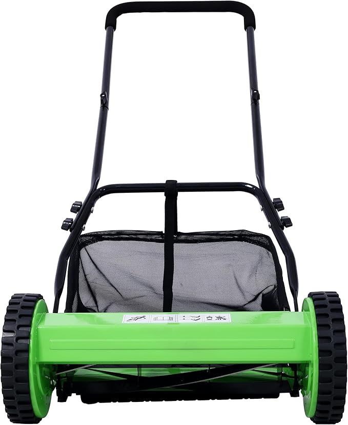 KEIKI 14-Inch Manual Lawn Mower, Push Reel Mowers w/Grass Catcher & Adjustable Cutting Height, 2-Wheels Small Lawnmower with 5 Steel Blades for Graden, Spaces Saving & Easy Assembly, Green