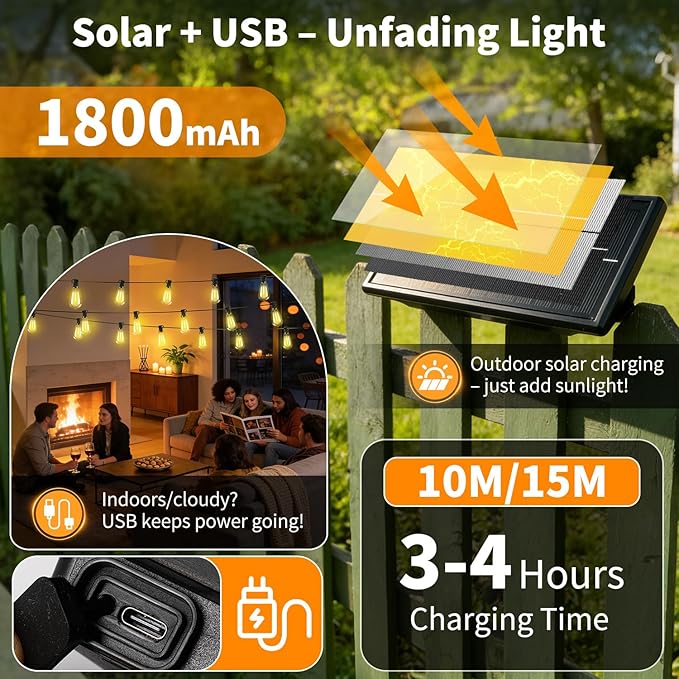 Outdoor Solar String Lights Waterproof: ST38 33ft Shatterproof Patio Lights - Solar Powered & USB Dual Charging - 3 Modes Button Control - Garden Backyard Gazebo Porch Party Decor