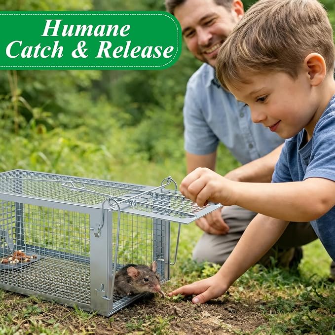 2 Packs Humane Rat Trap Outdoor, Wanqueen Humane Mouse Traps Indoor for Home, Small Rodent Chipmunk Trap and Other Live Animal Cage Catch and Release