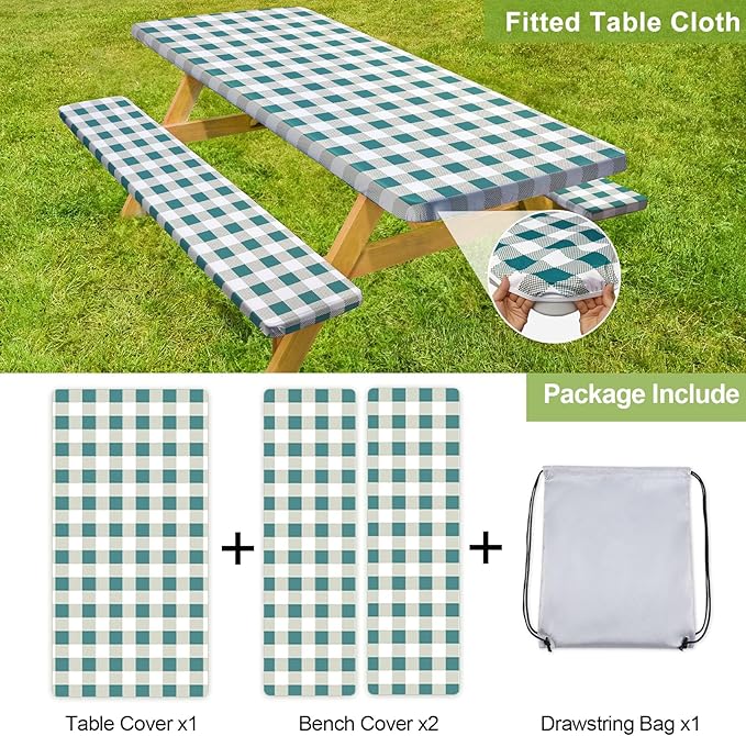 Picnic Table Cover with Bench Covers Camping Essentials Waterproof Windproof Camping Tablecloth with Drawstring Bag, Fitted Rectangle Tables and Seats, 96in, White Green Checkered
