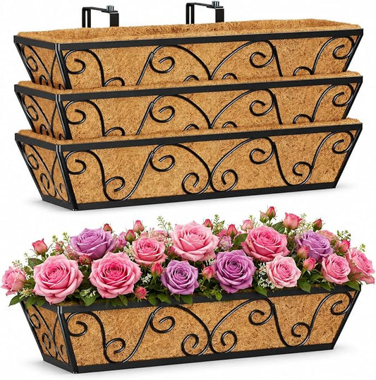 24 Inch Railing Planter Box 4 Pack, Adjustable Window Metal Box Planter with Coco Liner, Hanging Flower Planter for Balcony Deck Fence Porch Patio, Black