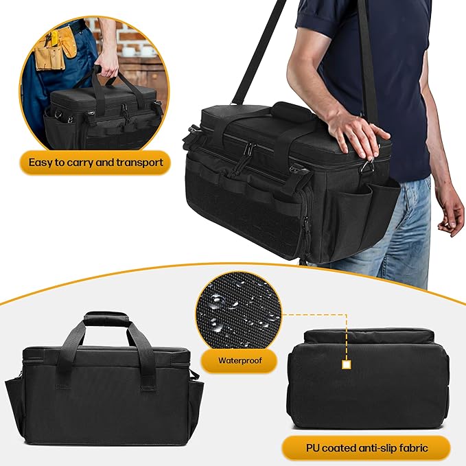 Rexmica 17-Inch Tool Bag with 3 Tool Pouches, Tool Storage Organizer for Men with Anti-friction and Padded Bottom, Tactical Range Bag, Multi-functional Work Bag for Repairman, Electrician, Carpenter