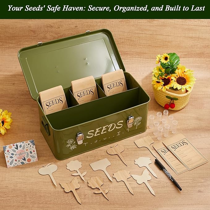 VerdantVibes Metal Seed Storage Organizer Box - Large Galvanized Seed Bin with 50 Vials, 50 Envelopes, Dividers & Labels - Complete Seed Saving Container & Gardening Gifts for Women Men