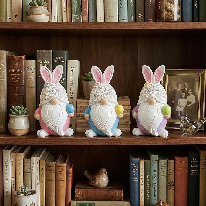 GoGnome Easter Gnome Figurines Set of 3 – Bunny Ear Resin Gnome Easter Decorations for Home | Spring Tabletop Decor, Tiered Tray Decorations, Cute Easter Bunny Gnomes (Pink/Blue/Purple)
