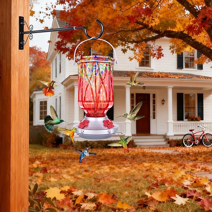 Hummingbird Feeders for Outdoors with Ant Moat, Hand Blown Glass Hummingbird Feeder, 4 Feeding Ports with Perch, Outdoor Garden Décor, 15 OZ, Red, Gifts for Mom Wife Dad Men Women