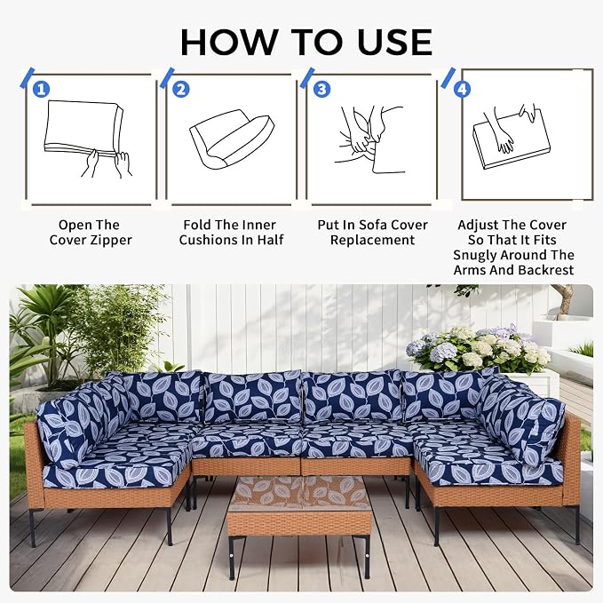 14 Piece Outdoor Patio Cushion Covers Replacement Waterproof with Zipper for 6-Seater Sectional Couch Chair Sofa Seat Cushions Slipcovers Set, Only Cover
