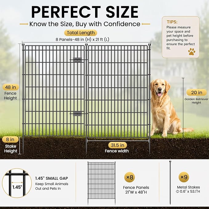 8 Panels No Dig Garden Fence with Gate, 48in(H) × 21ft(L) Decorative Metal Outdoor Dog Fence, Rustproof Pet Fencing for Yard, Patio, Flower Bed -Temporary Fencing| Easy to Install