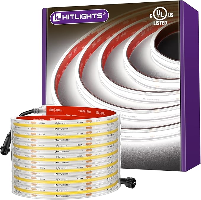 Outdoor COB LED Strip Lights Waterproof White 5000K, 16.4ft IP67 24V Tape Light High Density, 2560 LEDs, 305 LM/FT, CRI 90+, Lighting for Bathroom,Backyard,Garden,UL Listed(Power Source Not Included)
