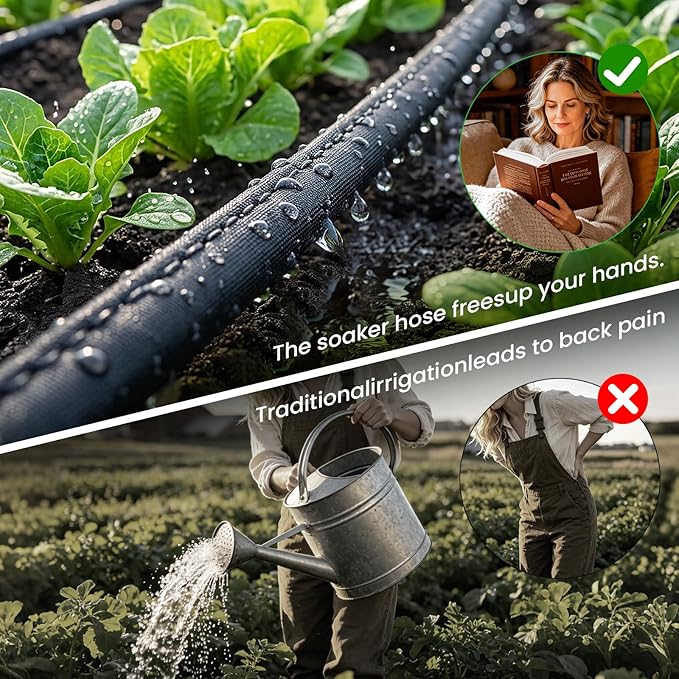 MIXC 2026 Thickened Flat Soaker Hose 200Ft with Copper Joint, Saving 80% Water, Aluminum Seal, 1mm Hose, 360°Swival Handle, Hole Pressure Relief Gasket, Drip Kit for Vegetable Garden, Lawn, Flower Bed