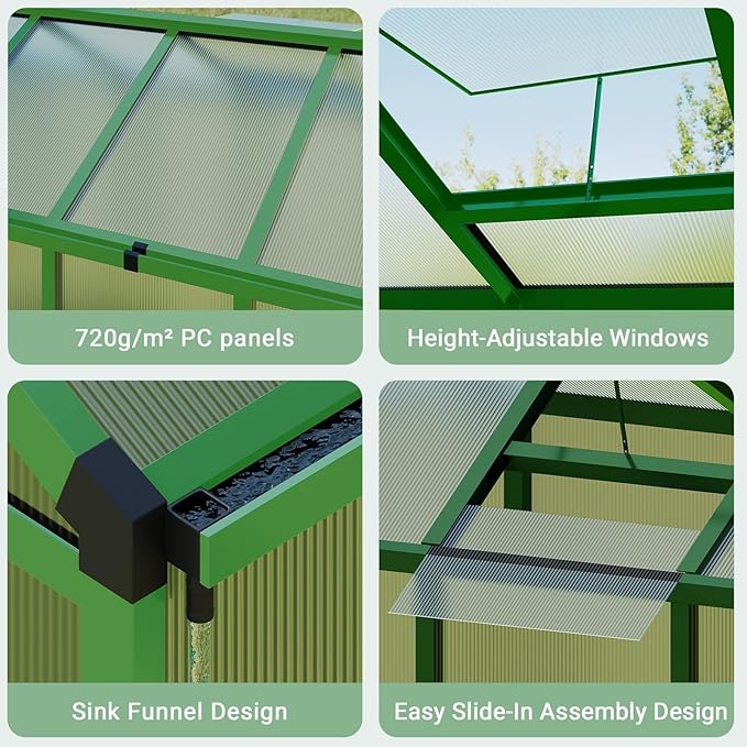 GarveeHome 6X8 FT Greenhouse for Outdoors, Walk-in Greenhouse Kit with Aluminum Frame, Polycarbonate Panels, Adjustable Roof Vent, Sliding Door, Secure Lock for Outside Garden, Patio, Backyard