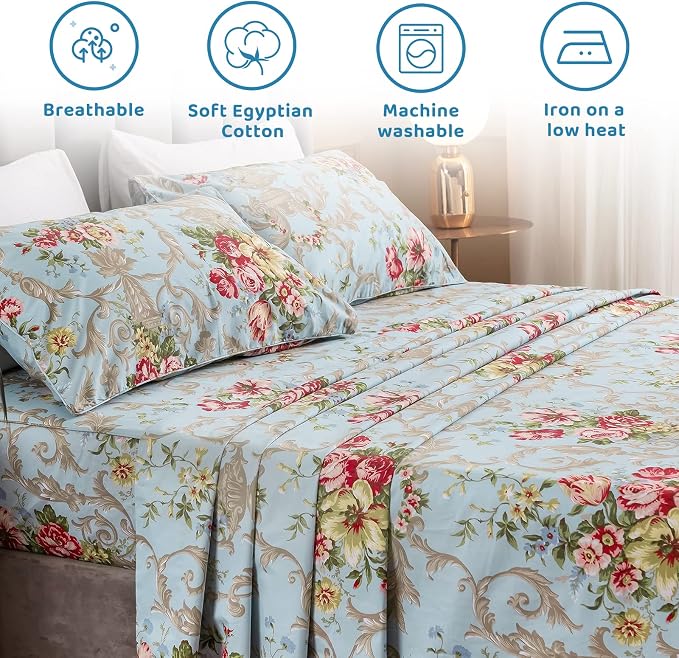 QSH Floral King Size Sheet Sets - Luxury Peony Flower Print Pattern Egyptian Cotton Printed Bedding Sheets 4pcs Extra Soft and Breathable 17.5" Extra Deep Pocket King Size Sheets